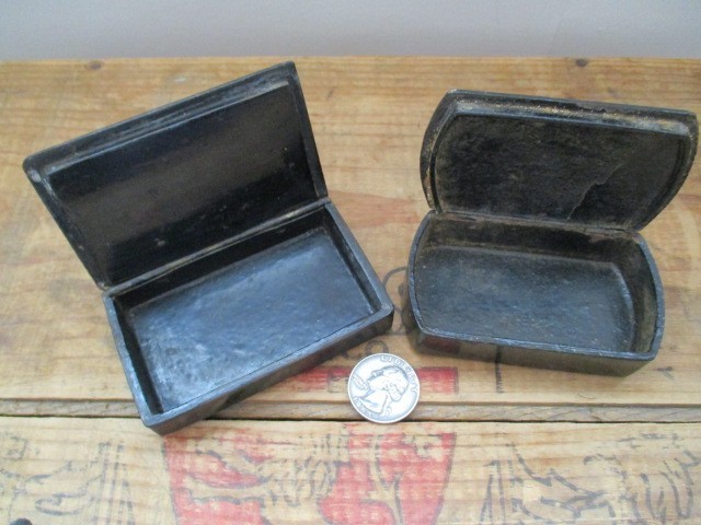 2 Antique Black Lacquer Snuff Boxes with Hinged Lids
