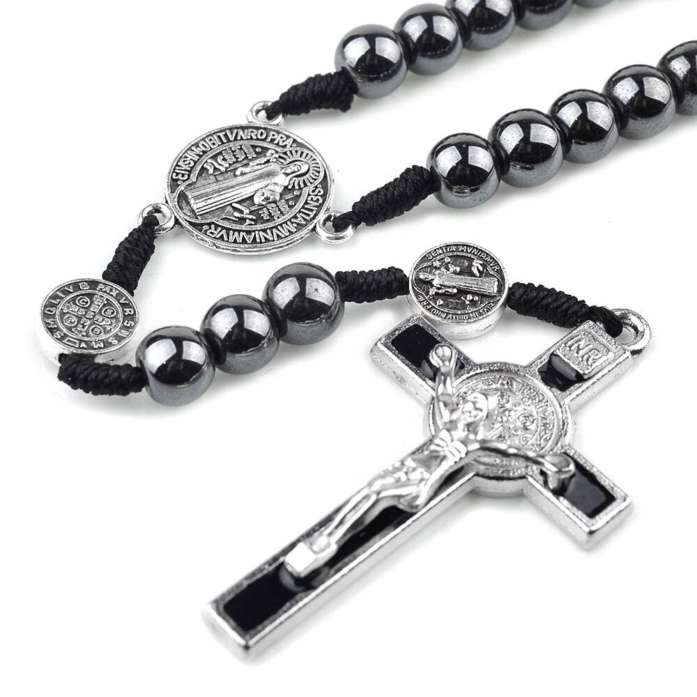 Saint St Benedict Holy Medal 15" Cord Rosary Large 8mm Hematite Beads Black