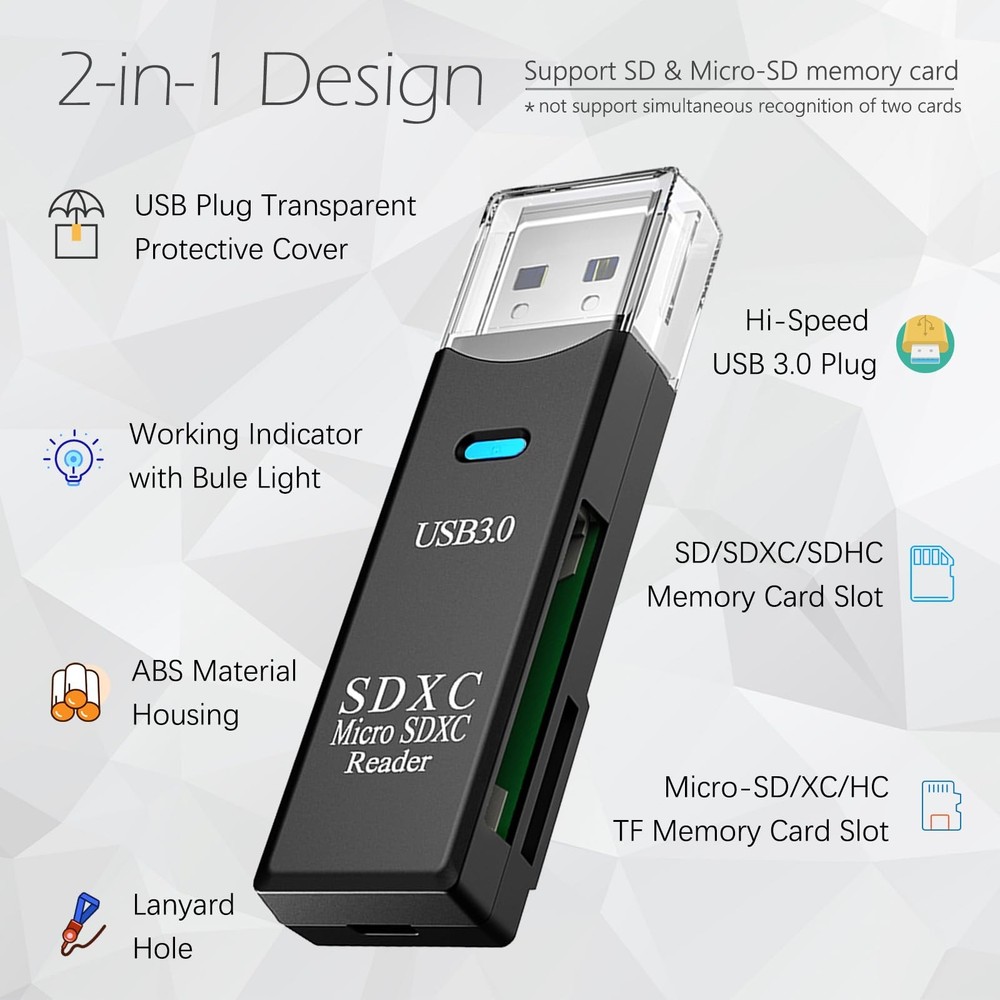 USB3.0 Micro SD Card Reader, 5Gbps 2-in-1 Compact, Black 1 Pack