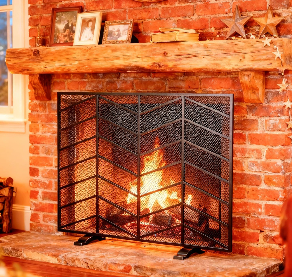 Single Panel Handcrafted Wrought Iron Mesh Chevron Fireplace Screen, Fire Spark