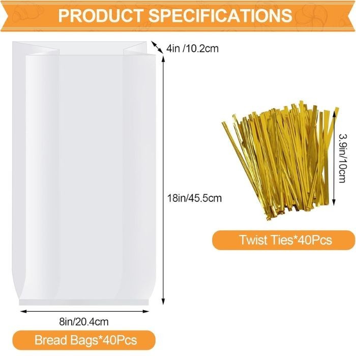 70 Pack Bread Bags with 100 Ties – 8"x4"x18" Clear Reusable Plastic Loaf Bags