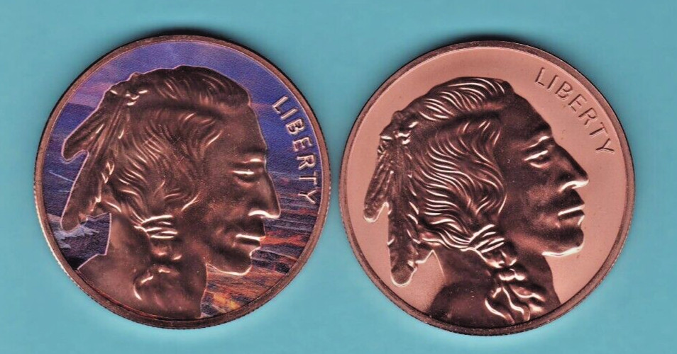 INDIAN / BUFFALO   2  Copper Round 1 oz coins  COLORIZED & REVERSE PROOF