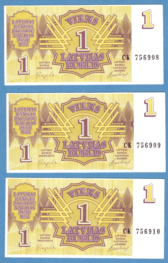 1992 LATVIA THREE Consecutive Numbers 1 RUBLIS P. # 35 UNC 3943