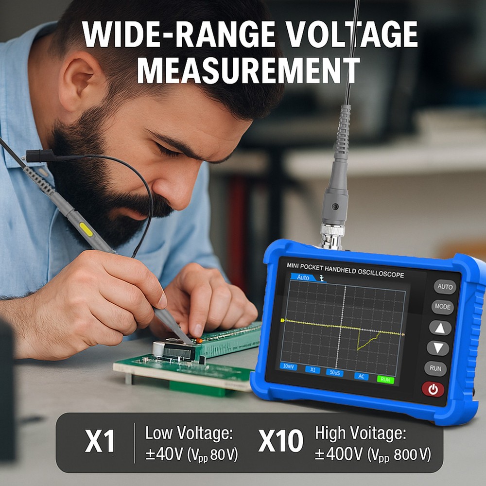 Handheld Digital Oscilloscope, 500kHz Bandwidth, 2.5MS/s, 2.8" LCD, Auto Setup