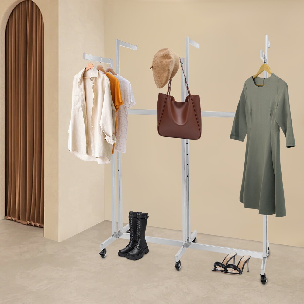 Adjustable Height 6-Arm Silver Garment Display Rack with Wheels