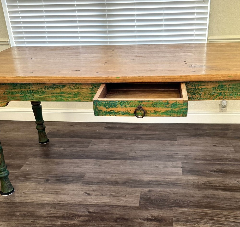 Vintage Rustic Farmhouse Dining Table With Drawer.