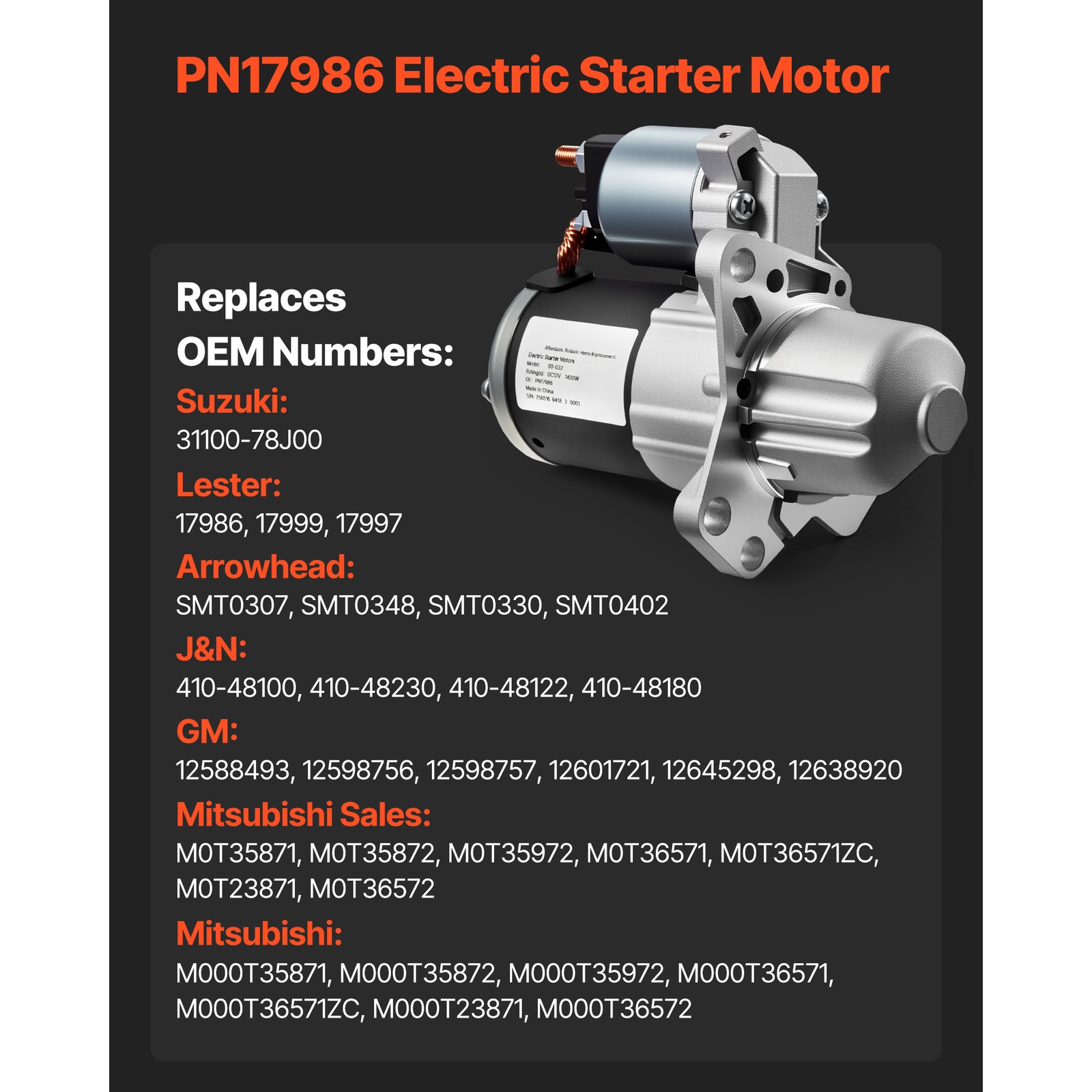 New Starter Motor for Chevy Traverse 09-17 GMC Acadia 07-16 3.6L 17986 17997