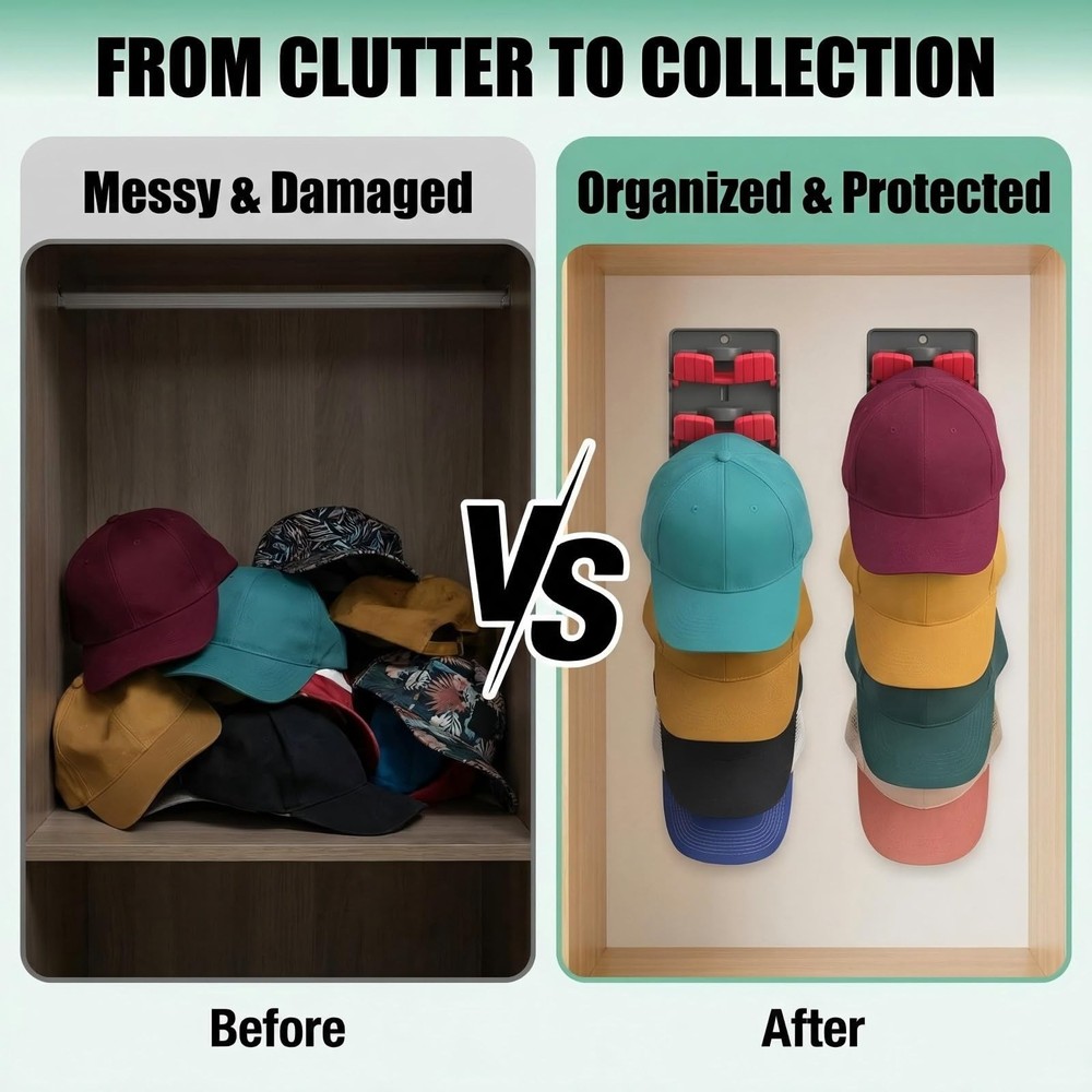 Multicolor Hat Organizer for Baseball Caps, 2-Pack Wall Mounted Hat Rack Hold...