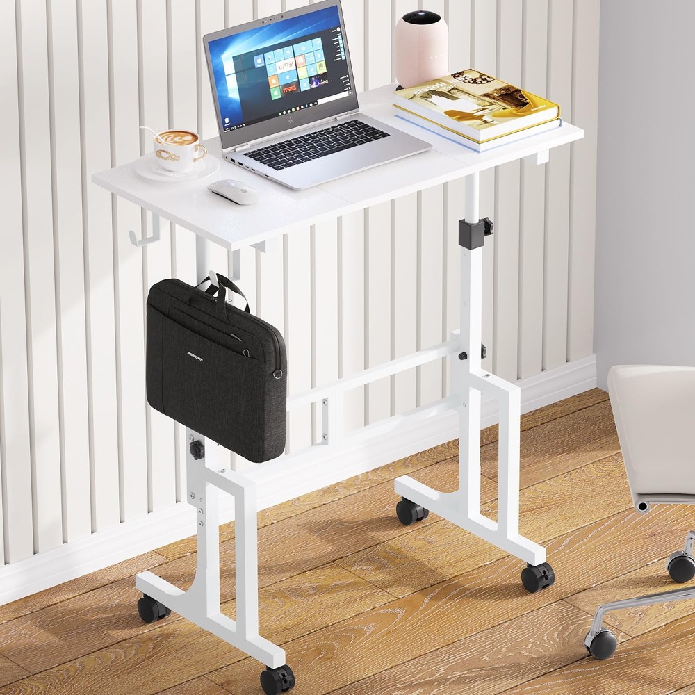 Small Adjustable Height Standing Desk With 2 Hooks, Rolling Sit Stand Up Desk Wi