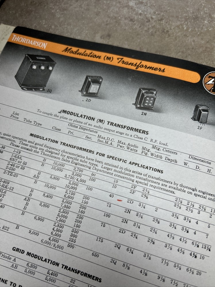 TRANSFORMERS BY THORDARSON COMPLETE CAT. NO 400-FX 1942 & COMPARISON DATA JB61