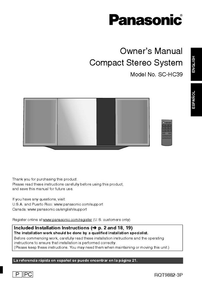 Panasonic SA-HC39 Stereo System Owners Instruction Manual
