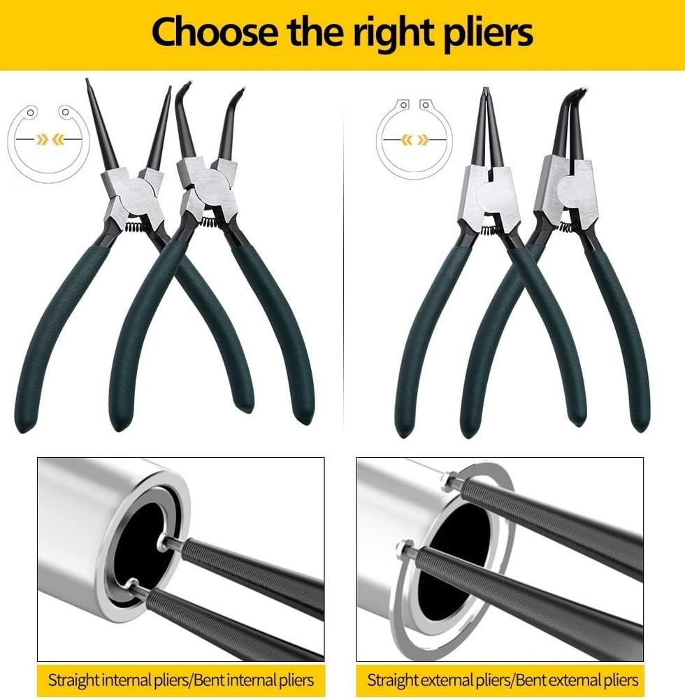 7" Intern/Extern Snap Ring Pliers Set, 2 Heavy Duty Tools with Non-Slip Grip