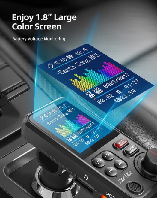 FM Bluetooth Transmitter for Car, Strong Microphone Bluetooth Car Adapter 1.8"