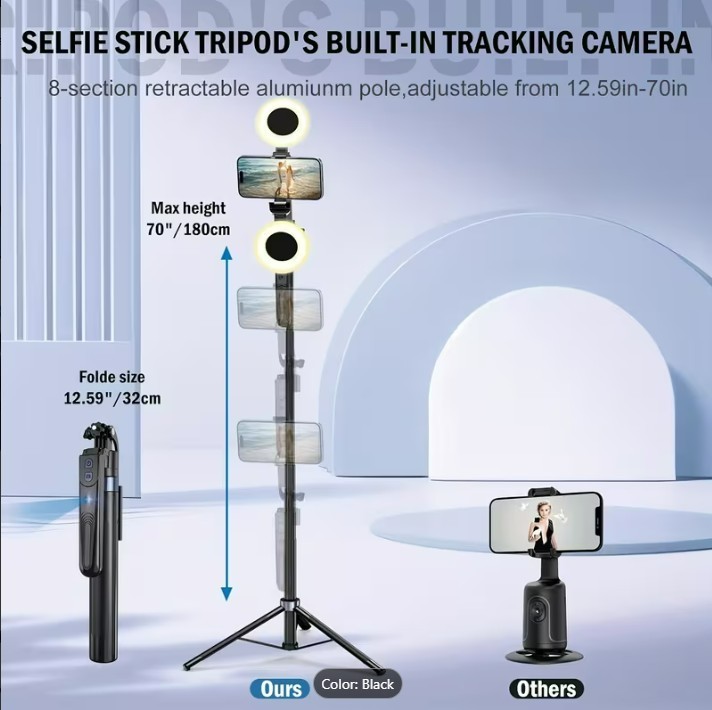 Auto Face Tracking Tripod 360° Rotation with Light, No App, 70.9" Motion Sensor
