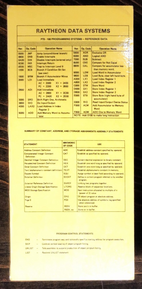Raytheon Data Systems - Rare PTS-100 Programming System Reference Card