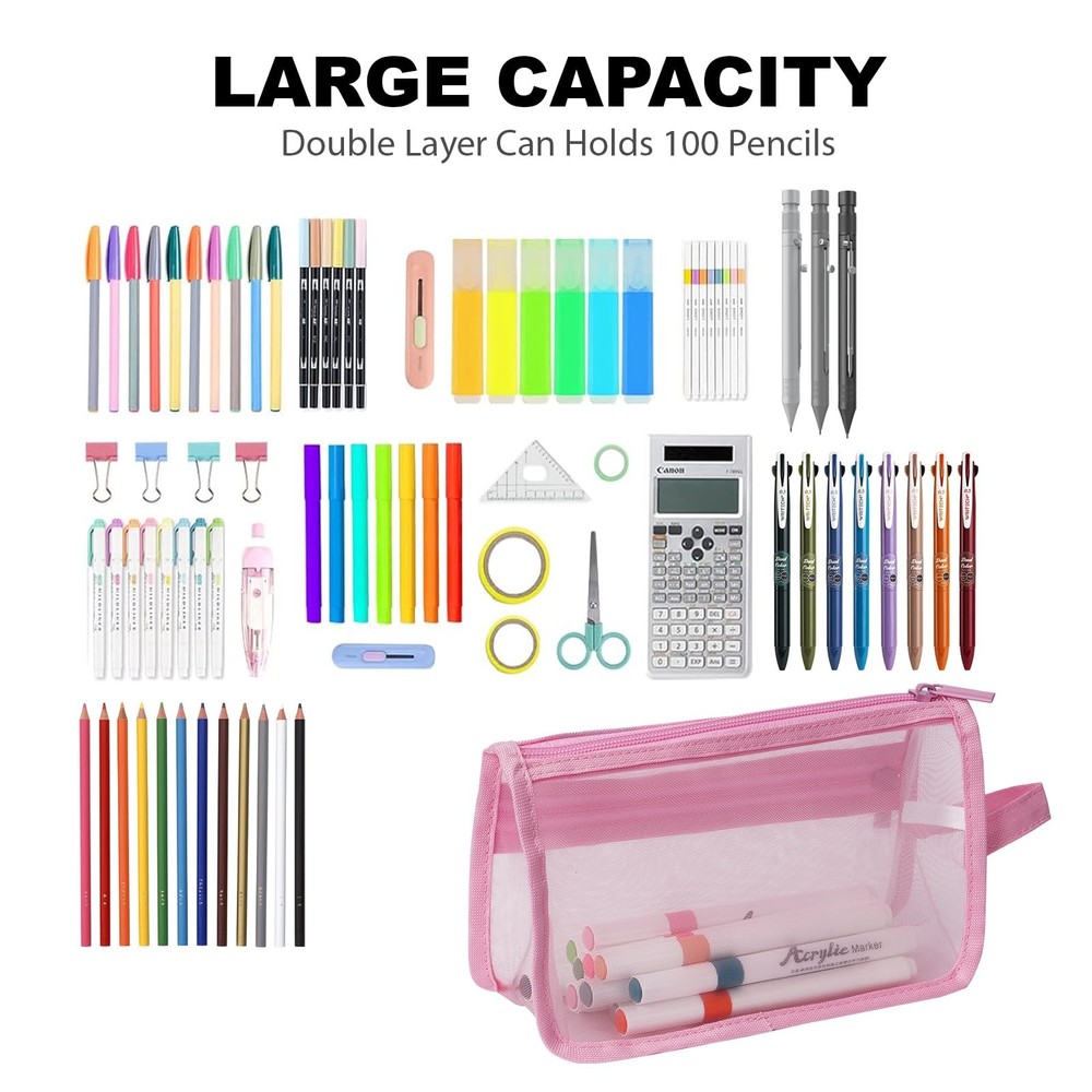 2-Pack Grid Mesh Pencil Case with Handle and Zipper, Double Layer Clear Pencil P