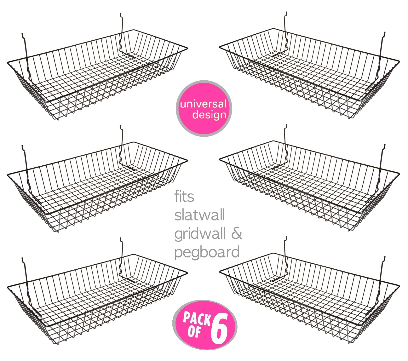 6 pcs -24" x 12" x 4" Baskets for Gridwall/Slatwall/Pegboard - BLACK