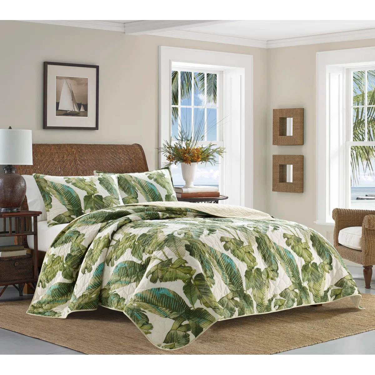 Queen Quilt Set Green Coastal Botanical Tropical Floral Bahama Exotic Leaves 3Pc