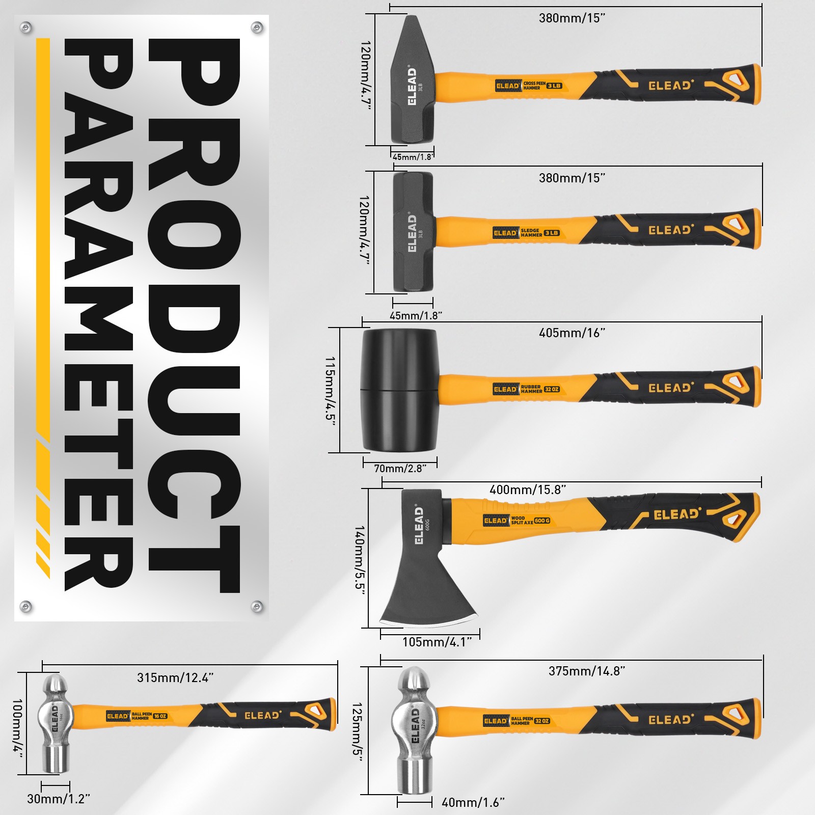 6-Piece Mallet Hammer Set 600g Wood Split Axe Fiberglass Handle Forge Steel Head