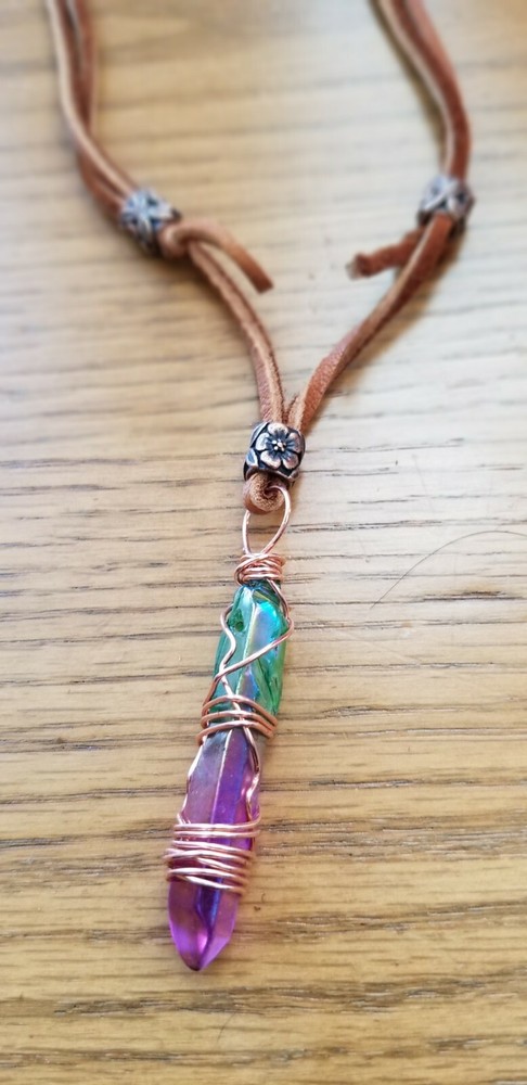 Rainbow Quartz Copper Wire Wrapped  Pendant deer hyde lace adjustable