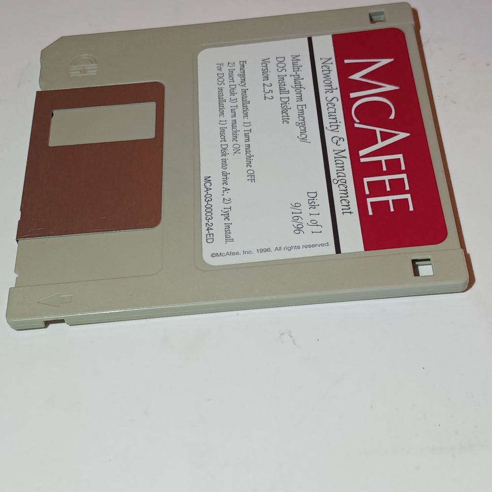 3.5" Floppy Disk McAfee DOS Install Diskette Version 2.5.2 Vtg Computing 1996