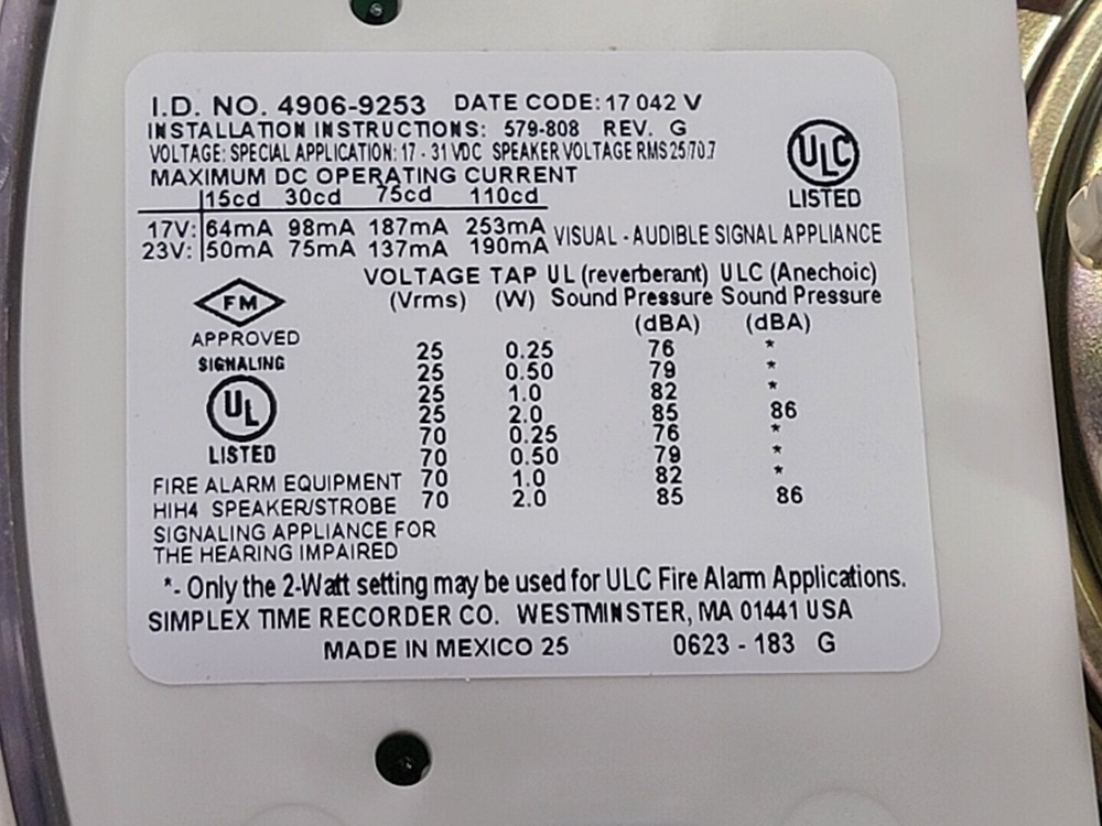 SURPLUS NEW Simplex Time Recorder Co. 4906-9253 TrueAlert Speaker Strobe
