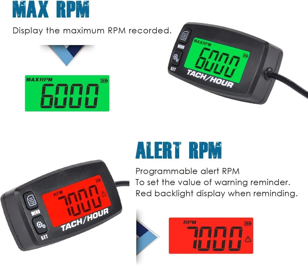 Digital Tach/Hour Meter, Dual-Color Backlight