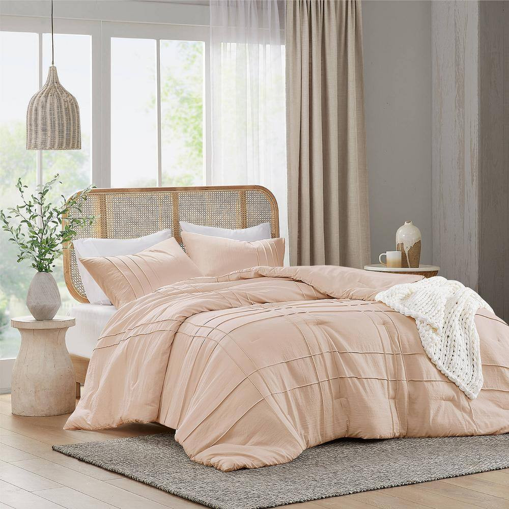 Porter 3-Piece Blush Microfiber Queen Soft Washed Pleated Comforter Set