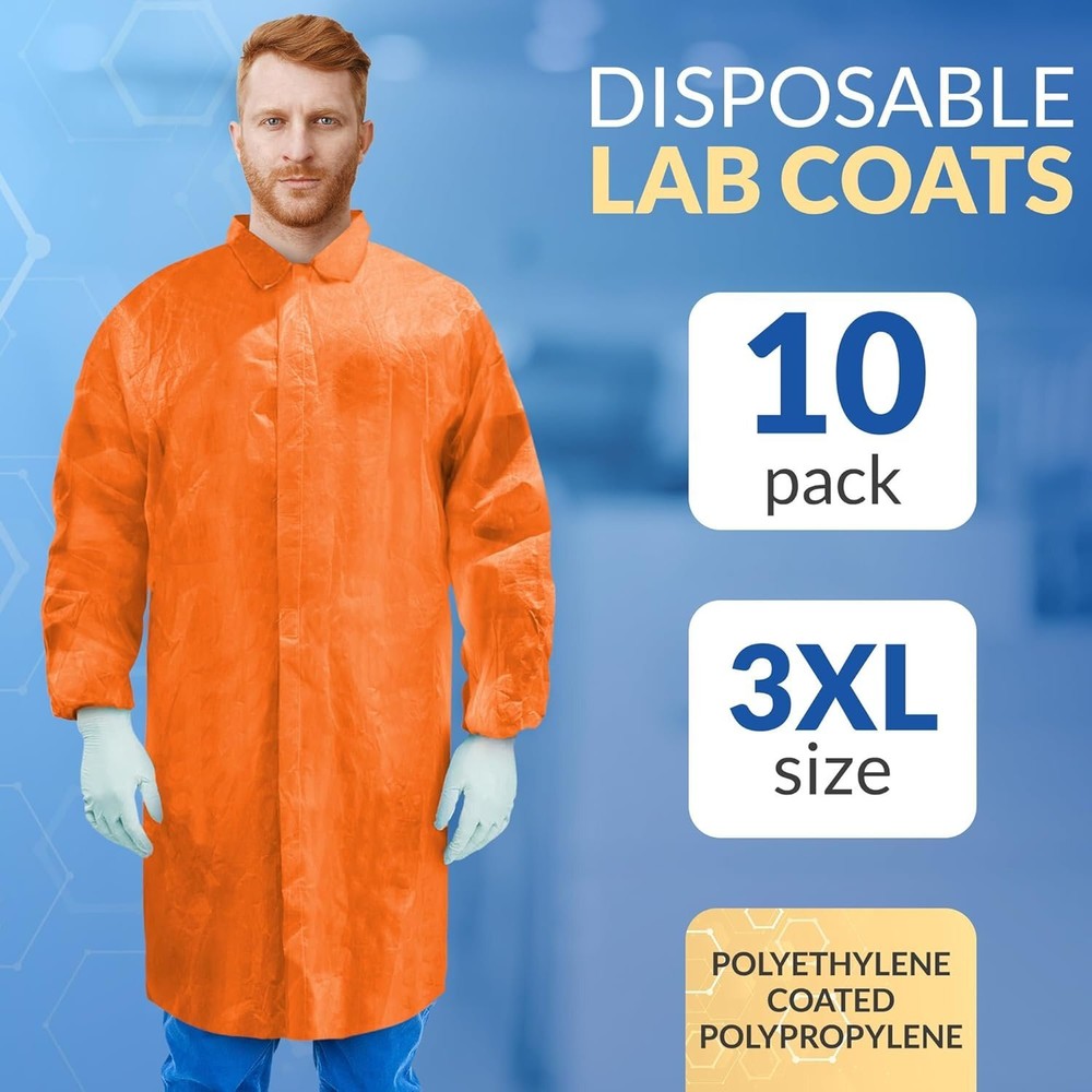 Orange Disposable Lab Coats, 3XL, 10 Pack, Polyethylene, No Pockets