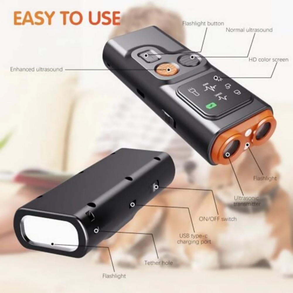 Dog Training Ultrasonic Device with Bark Control and LED Flashlight Deterrent