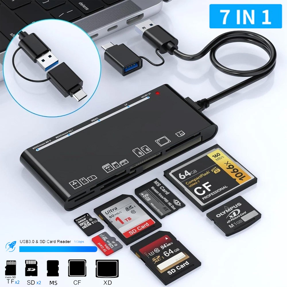 USB 3.0 Memory SD Card Reader, 7 in 1 Adapter Hub for CF, TF, Micro SD, XD, MS