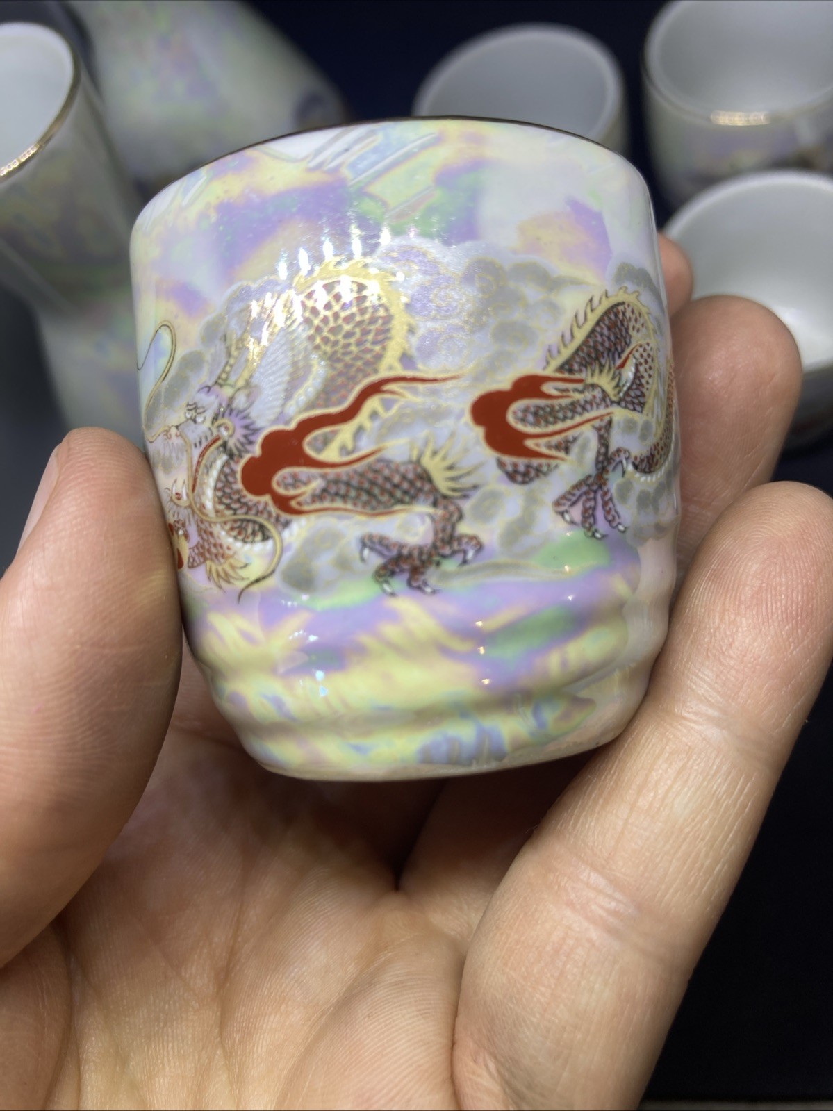 Japanese Fuji Ceramic Sake Set White Golden Drago Gold Trim 7 Piece Set