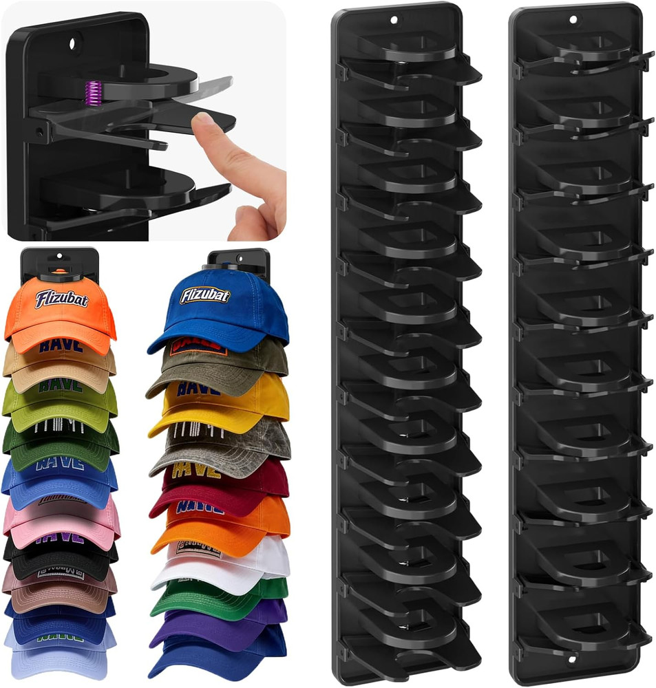 Spring Clip Hat Organizer for Baseball Caps – 2 Pack, Wall Hat Rack for Door & C