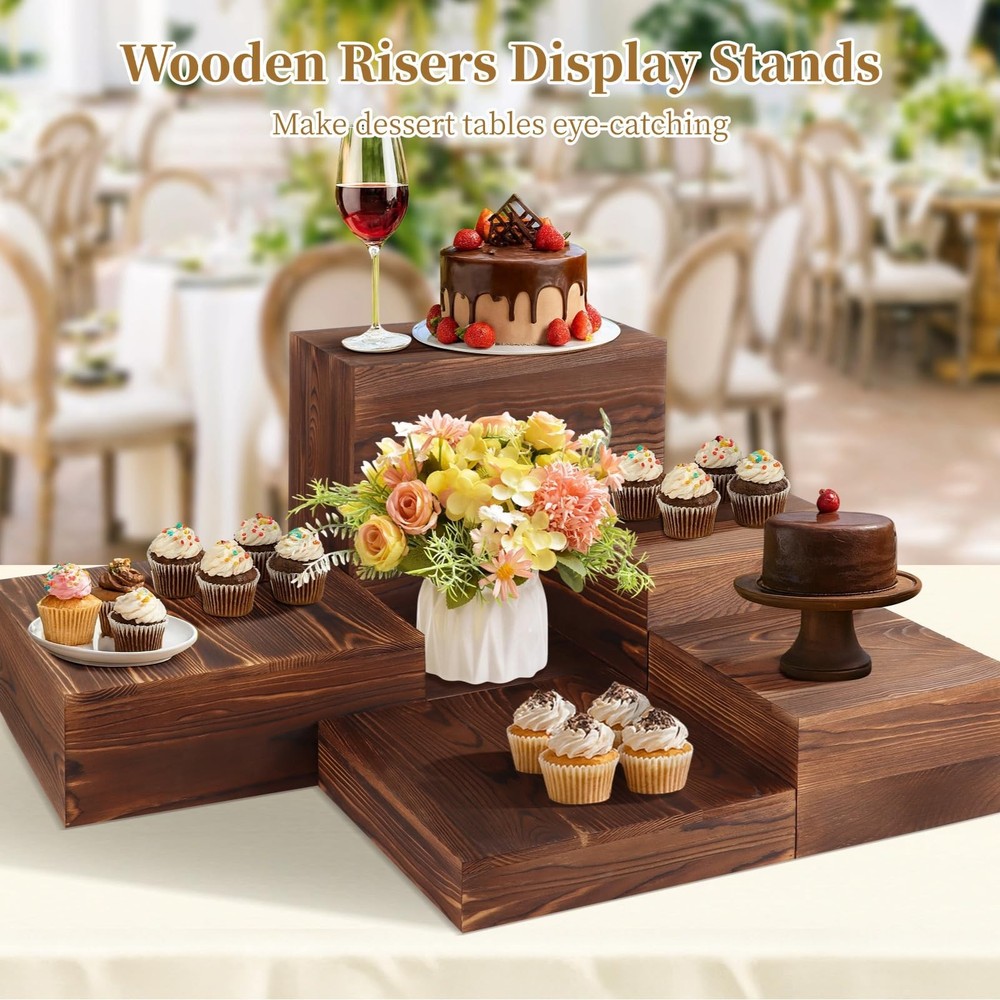 6 Pcs Wooden Risers Display Stands Set - Rustic Wood Cake Stands, Nesting Dis...