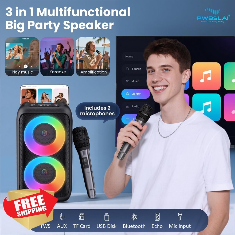 Bluetooth Speaker Karaoke 2 Mics Lights Portable Rechargeable