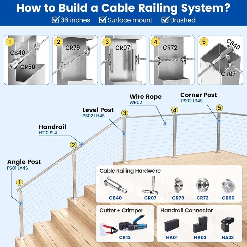 Corner Cable Railing Post T-drilled One-Post Corner Solution Surface Mount