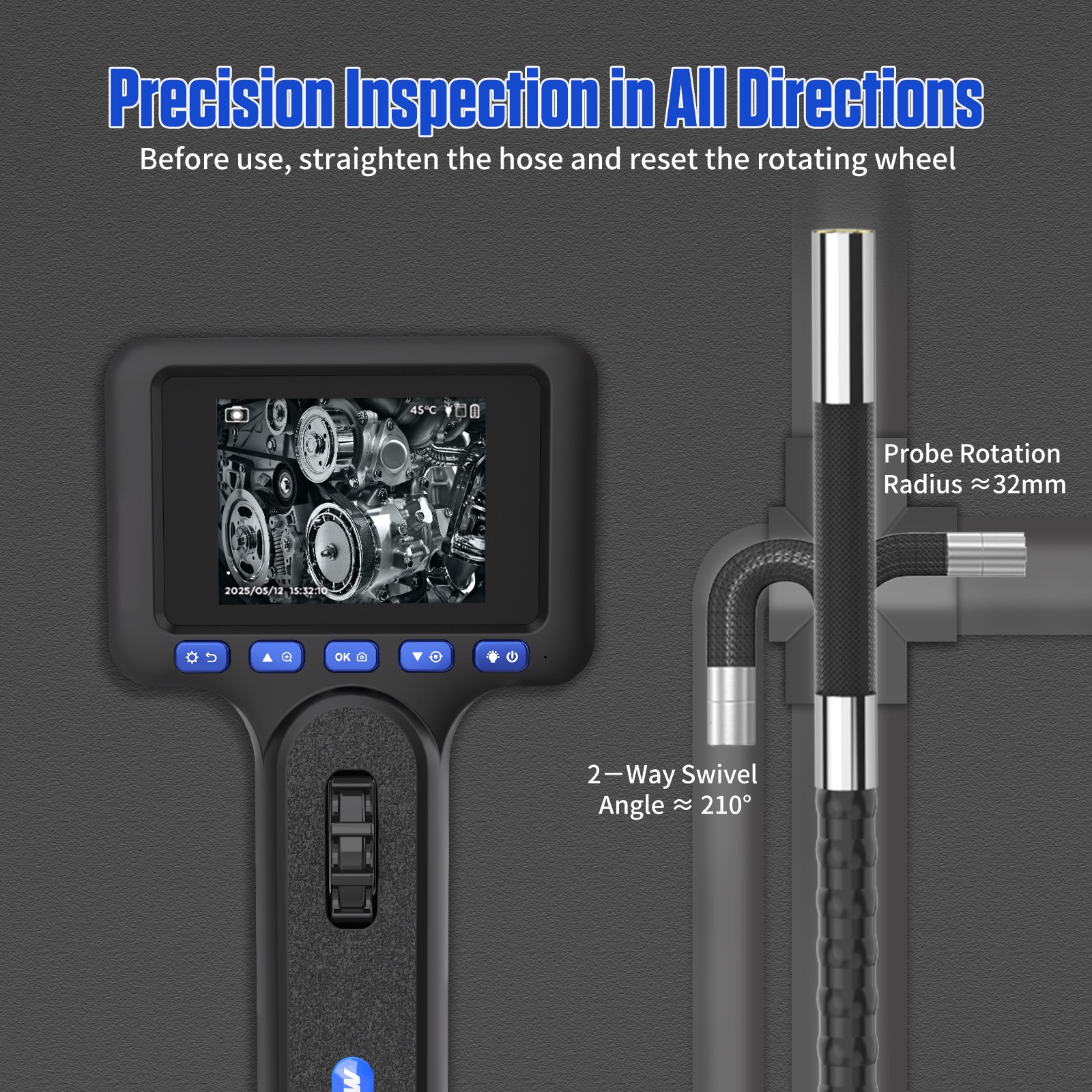 Industrial Camera 2 way 210° Borescope Endoscope with Lights Inspection Camera