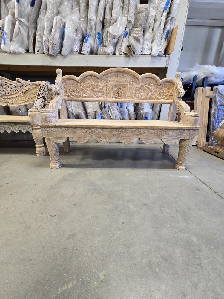 Reclaimed solid wood bench with floral carving design
