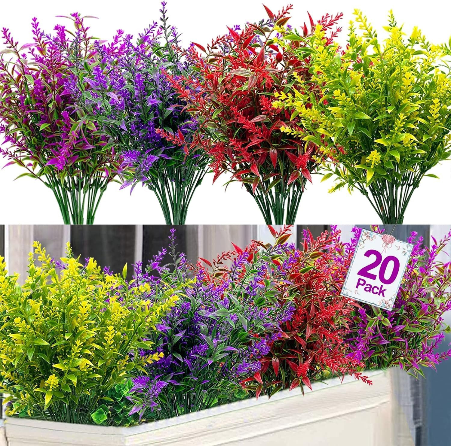 20 Bundles Artificial Flowers for Outdoors, UV Resistant Faux Lavender Flowers P