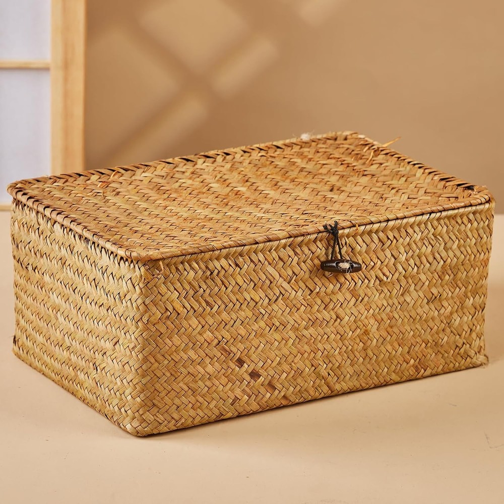 3pcs Handcrafted Storage Boxes Natural Seagrass Rectangular Basket Organizer Set