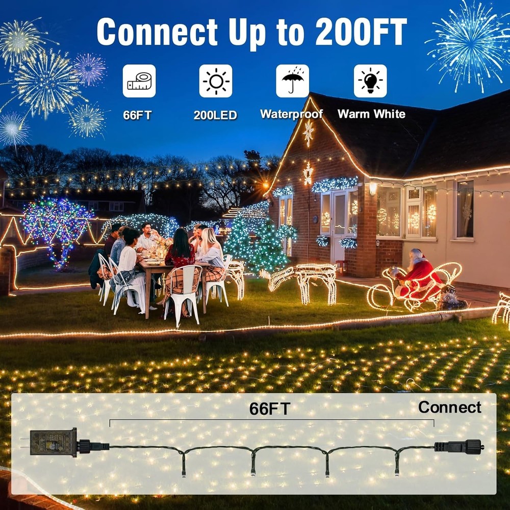 Waterproof 200 LED Connectable String Lights - 66FT Warm White for Holiday Decor