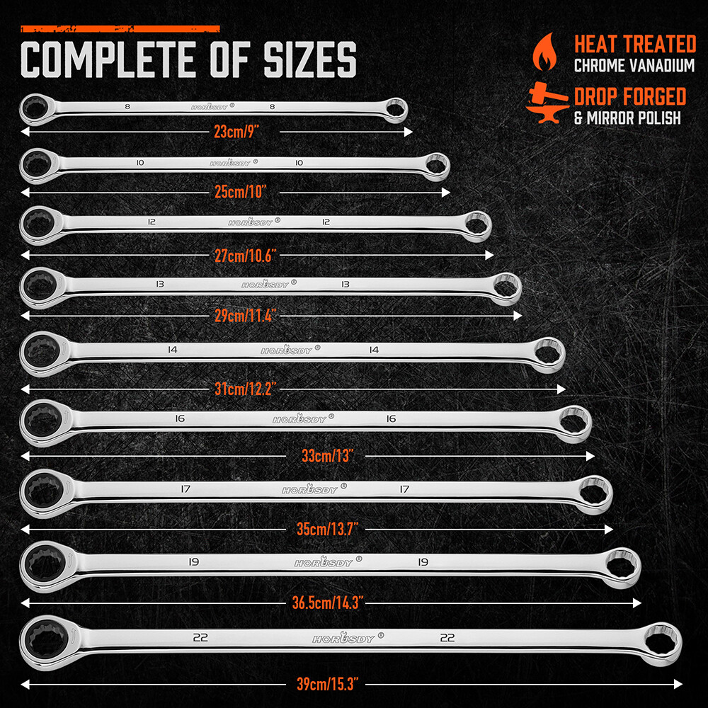 9PC Extra Long Ratcheting Wrench Set Anti-Slip Double Box Spanner Metric 8-22MM