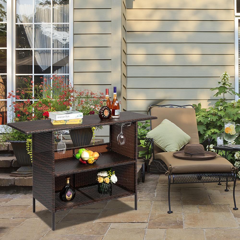 Rattan Wicker Bar Counter Table Patio Dining Table Double Layer Storage Brown