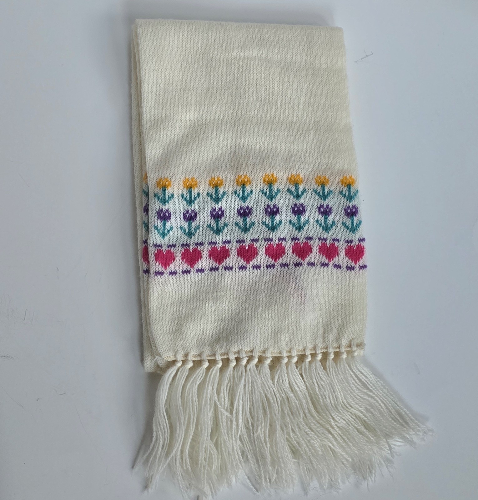 Vintage Blended Wool Girls Scarf Tulips Hearts White 80s 90s 7.5x50 Inches