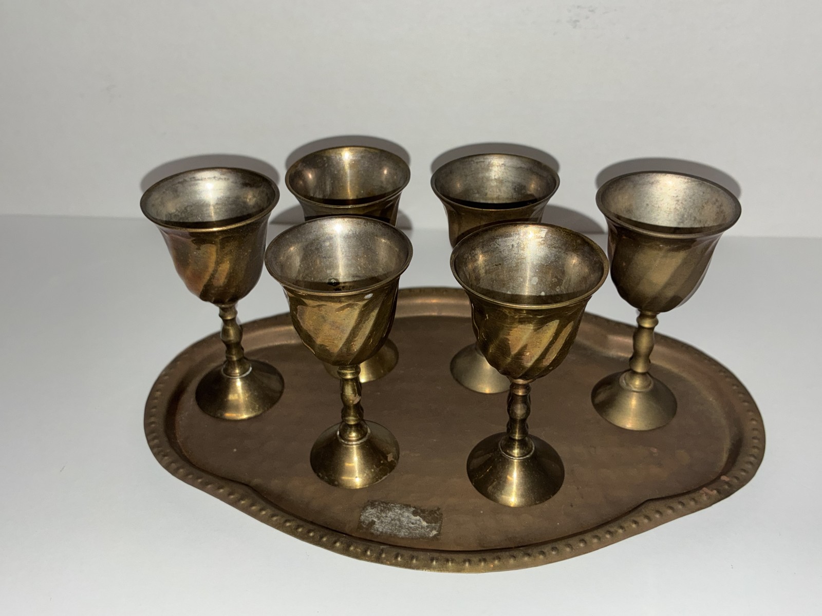 Vintage Brass Cordial Goblets Set of 6 with Hammered Tray Made in India