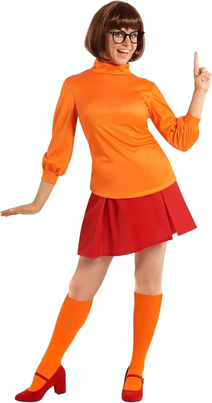 Women`s Velma Costume & Wig Orange Mystery Inc Scooby Doo Detective Dress S-3XL