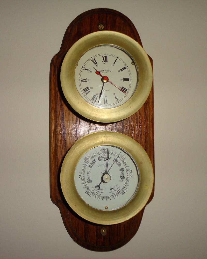 Brass Barometer & Ship's Clock on Wood Emory & Douglas Co.