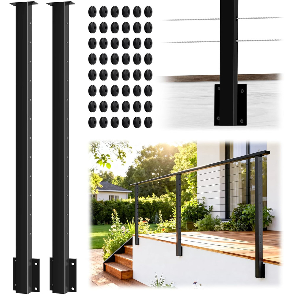 2 Pack Black Stainless Steel Cable Railing Posts for 42" Decks, Space-Saving