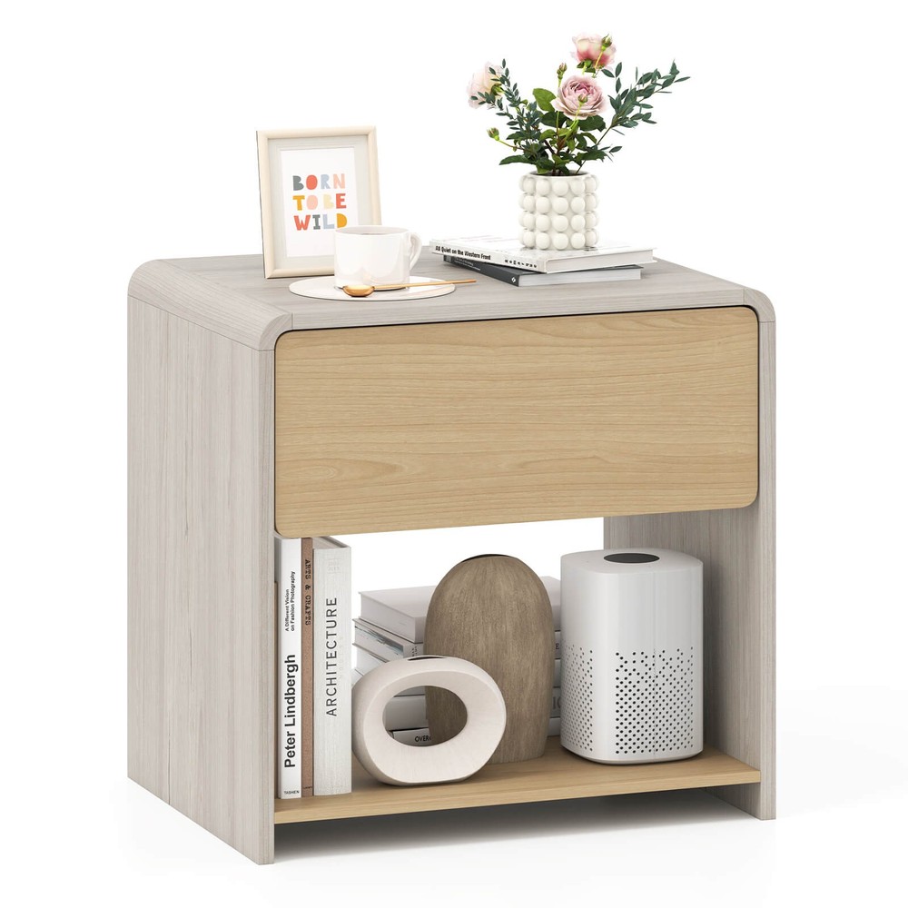 Modern Style Nightstand 2-Tier Sofa Side Bedside Table w/ Drawer & Open Shelf