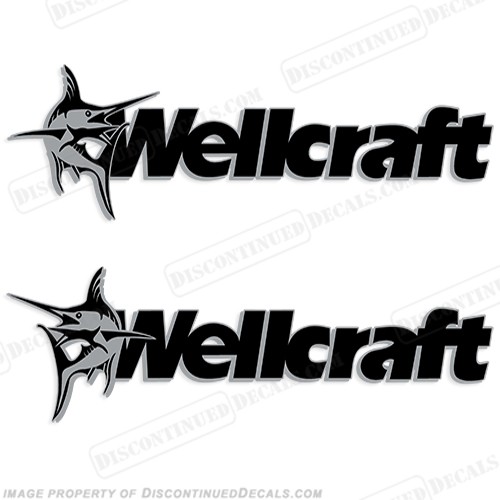 Fits Wellcraft Boat Decals w/Marlin - Silver/Black - Style A - 14" x 42"